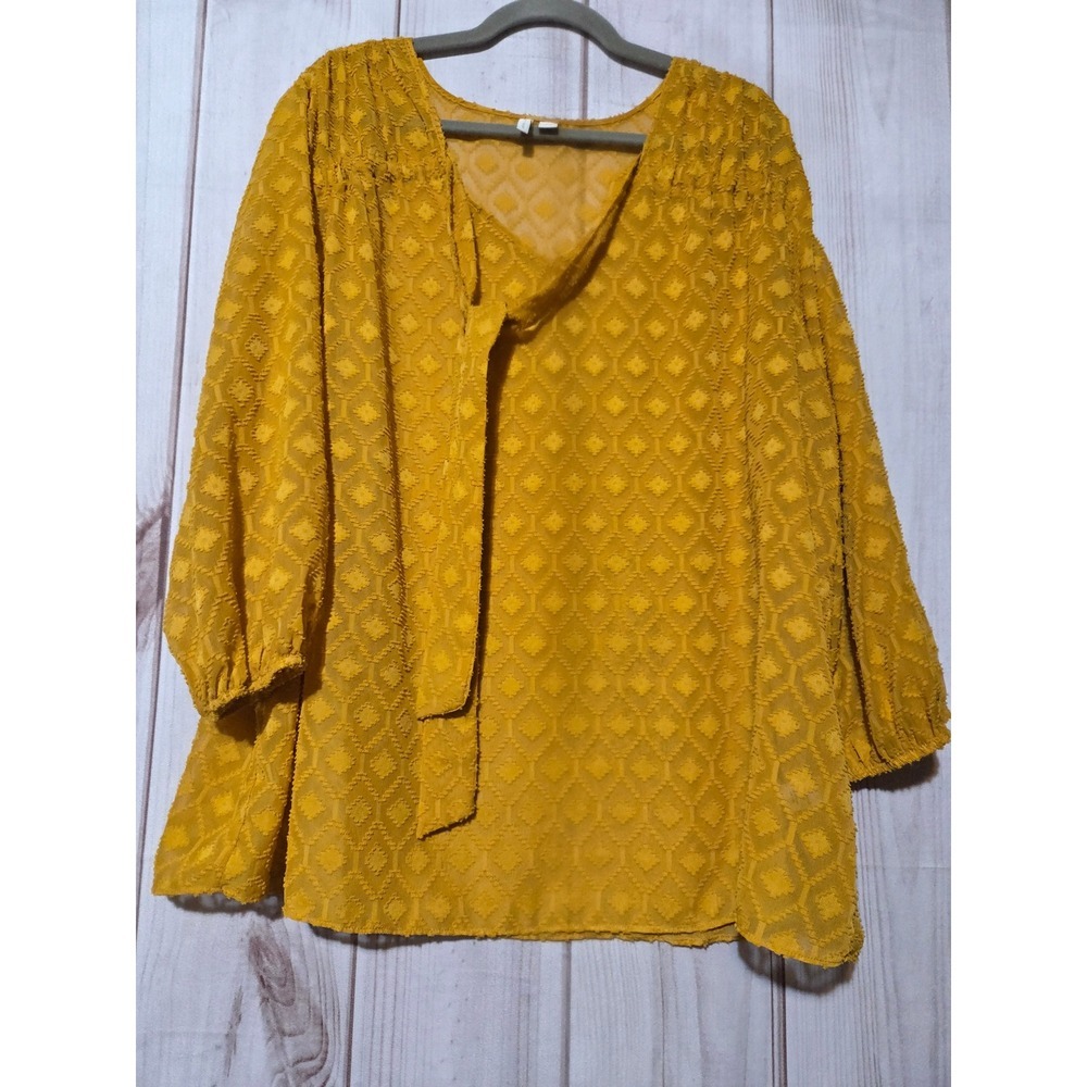 Cato Mustard Yellow Diamond Textured Chiffon Tie Neck Blouse Plus Size 18/20W
